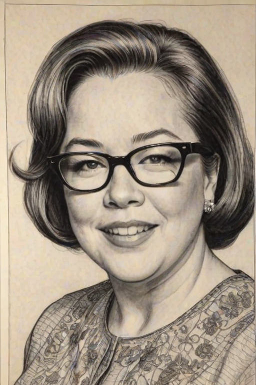 Ravishing Kathy Bates, pencil sketch, portrait of Charming woman 1960s in glasses, hair style beatnik, outline, clear lines, fine lines, 8k