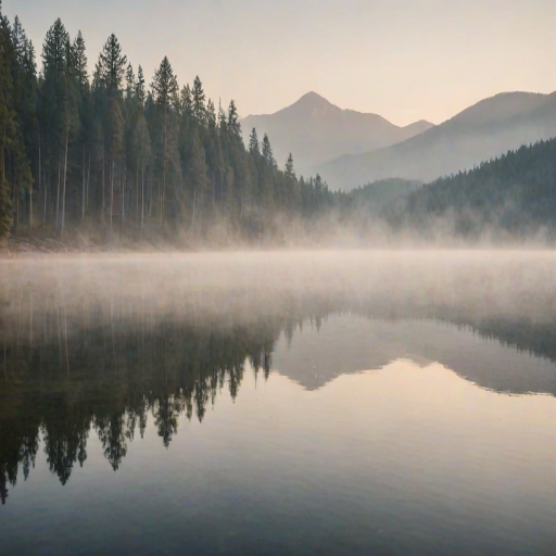 Soft-focus image of a peaceful mountain lake at sunrise, soft mist rising from the water, with distant pine trees reflected in the still surface and a sense of calm filling the air.