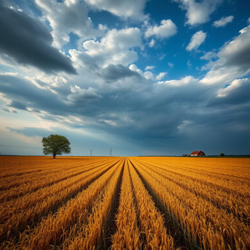 a vast agricultural field under a dramatic sky with scattered clouds, featuring a lone tree and distant farmhouse, captured with a Canon EOS 5D Mark IV, 24mm lens, aperture f/11, ISO 100, using a wide-angle view and HDR photography style for enhanced detail and color richness