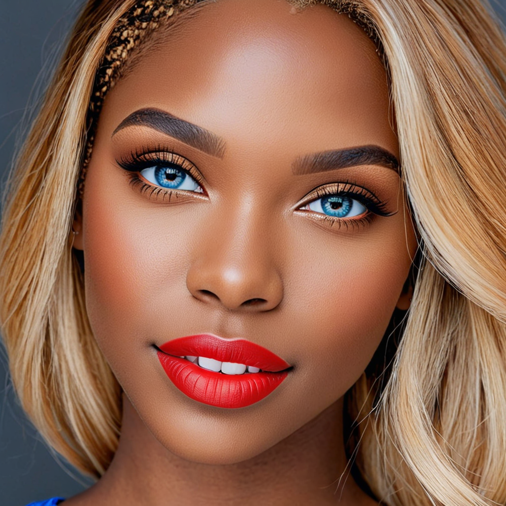 black woman, highly detailed face, face pores, glossy lips, face bump, realistic, super realistic ai, makeup,fix eyes,most realistic picture ever, casual photo, blonde hair,blue eyes , perfect face, cute smile, blonde eyebrows,red cheeks and nose