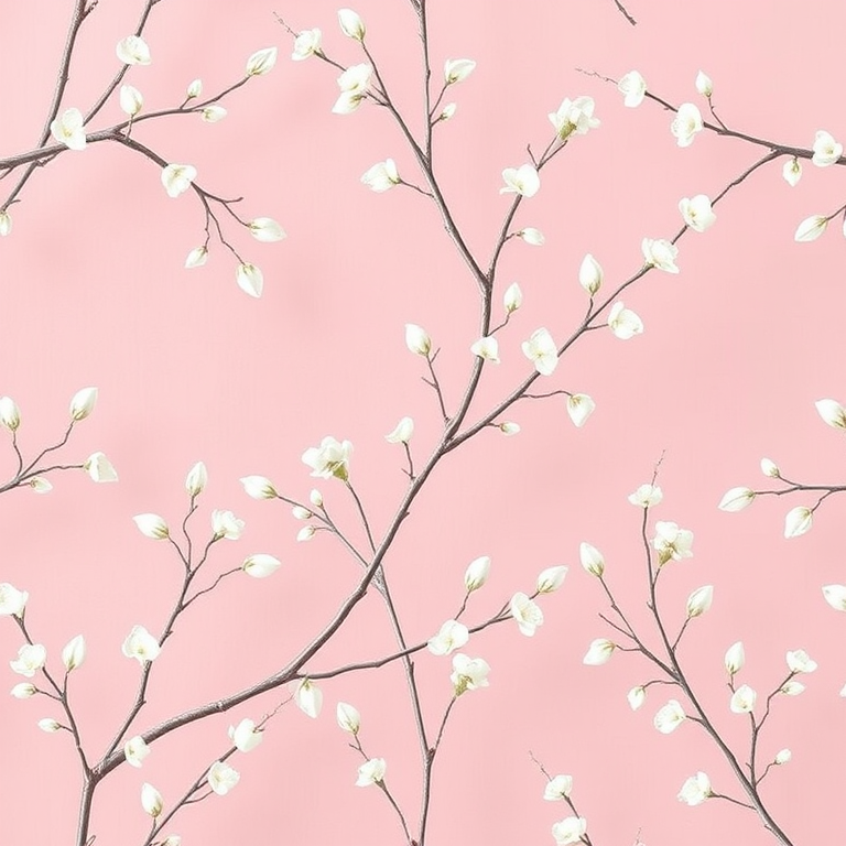 create a seamless floral pattern with delicate white branches and leaves on a soft pink background, shot with a Canon EOS 5D Mark IV, 50mm lens, f/2.8 aperture, 1/125s shutter speed, in natural light to enhance color vibrancy and detail