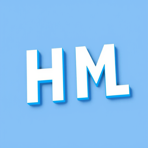 Create an image of a vibrant, stylized HTML document graphic with a bold blue and white color scheme, incorporating large letters "H" and various HTML tags, with a clean layout, shot from a top-down perspective, using a DSLR camera at f/2.8 aperture, ISO 100, and 1/60 shutter speed for sharp details and vivid colors.