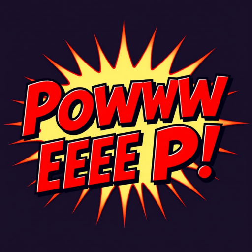 Create a vibrant graphic design featuring the text "Powww Eee Eee P" in dynamic, bold red letters with a comic-style burst effect, taken with a DSLR camera at f/2.8 aperture, 50mm lens, and a high saturation color profile to enhance clarity and depth.