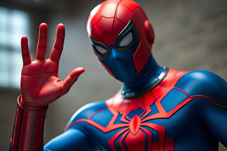 Generate an image of a superhero wearing a blue and red suit with a spider emblem, making an "OK" hand gesture, in high-resolution, with a shallow depth of field, shot with a Canon EOS R5, using a 50mm f/1.2 lens at ISO 100, 1/150s shutter speed, with a studio lighting setup to enhance colors and details.