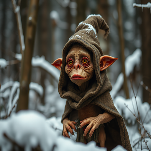 A whimsical forest creature with exaggerated features, wearing a tattered hat and cloak, standing amidst snow-covered trees, shot with a Canon EOS R5 at f/1.8, ISO 100, 50mm lens, with a shallow depth of field and natural lighting for enhanced detail and texture.
