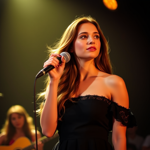 A young woman with long, flowing brown hair is standing in the center of the frame, holding a microphone in her right hand, and looking slightly off to the right side of the frame. She is wearing a black, off-the-shoulder dress with delicate lace detailing. The lighting is warm and dramatic, creating a spotlight effect on the singer. There are other figures in the background, blurred and out of focus, suggesting a concert or performance setting. The camera angle is low, capturing the woman from the waist up. The overall atmosphere is intimate and captivating.