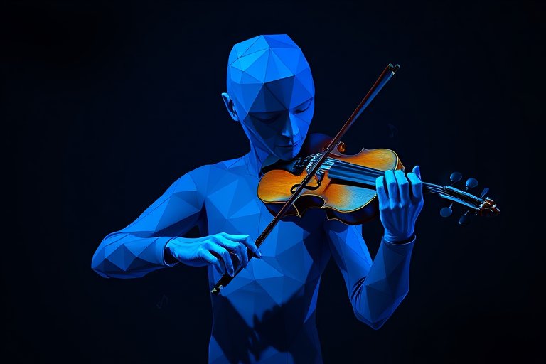Generate a highly detailed image of a humanoid figure made of blue geometric shapes playing a violin against a dark background with abstract musical notes, use a Canon EOS R5 with a 50mm f/1.2 lens, aperture at f/2.8, shutter speed 1/200s, ISO 100, in a dramatic low light setting to enhance texture and depth.