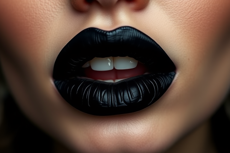 Edgy black "Midnight Eclipse" lipstick envelops full lips in intense, inky color with a satin finish, perfect for creating bold, statement-making looks