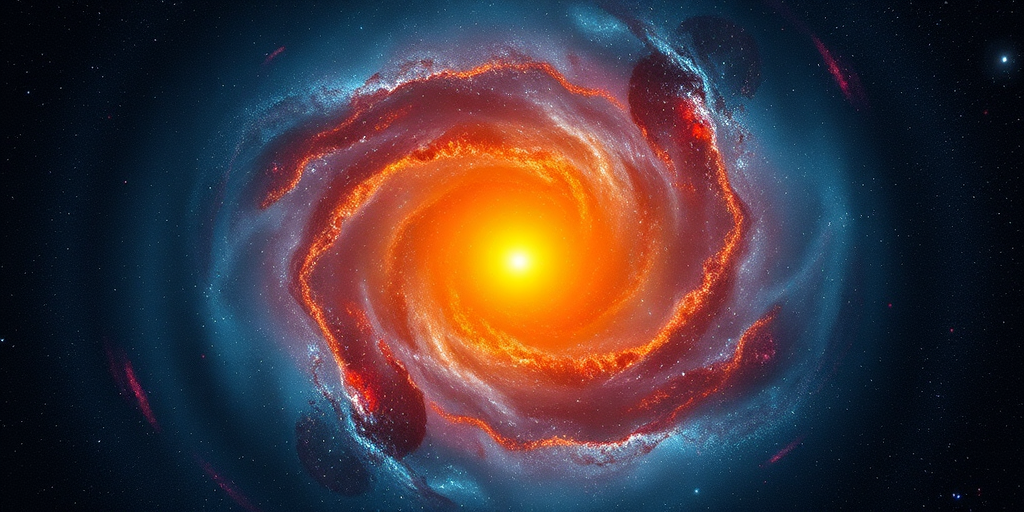 Generate an image of a vibrant orange star at the center of a swirling galaxy with deep blue and shimmering red nebulae, ultra-high definition, 50mm lens, f/2.8 aperture, ISO 100, shot from a wide-angle perspective, DSLR camera.