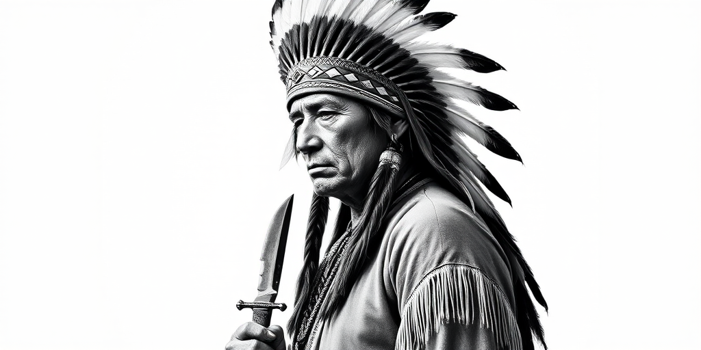 Create a highly detailed black and white illustration of a standing Native American figure with a feather headdress and a knife, captured with a Canon EOS 5D Mark IV at f/8, ISO 100, 50mm lens in portrait orientation to enhance texture and clarity.