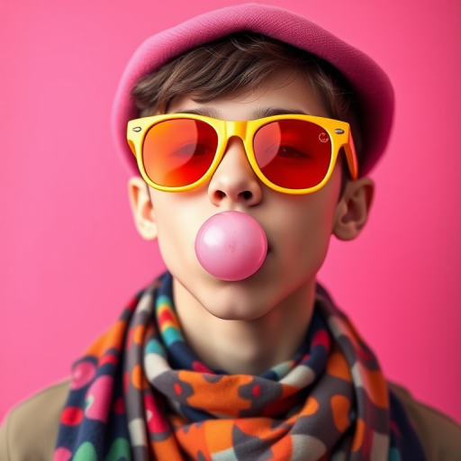young man blowing bubble gum wearing pink beret and yellow sunglasses, colorful scarf, vibrant pink background, portrait, 50mm lens, aperture f/1.8, ISO 100, natural light, shallow depth of field, high saturation