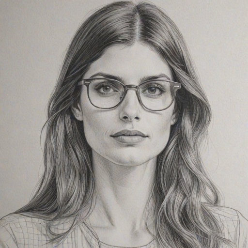 Exquisite Lake Bell, pencil sketch, portrait of Attractive woman 1970s in glasses, hair style beatnik, outline, clear lines, fine lines, 8k