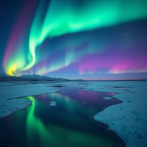 Aurora Borealis over a snowy landscape with still water reflection, vibrant colors in the sky, shot with a Canon EOS R5, 24mm lens, f/2.8 aperture, ISO 400, 15-second exposure, wide-angle view for expansive scenery.