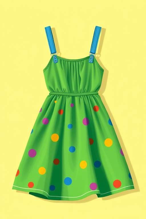 Generate a vibrant and playful illustration of a green dress with blue straps and colorful polka dots, captured using a Canon EOS R5 with a 50mm lens, aperture f/2.8, ISO 100, in a well-lit studio setting to enhance colors and details.