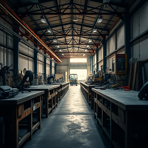 a well-lit industrial workshop interior with rows of workbenches and tools, low angle view, 24mm lens, f/2.8 aperture, ISO 400, evening light, DSLR camera