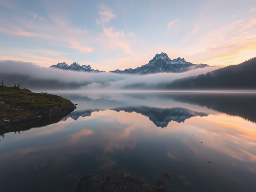 A serene mountain landscape at dawn with misty peaks reflecting on a calm lake, captured with a Canon EOS R5, 24mm lens, f/8, ISO 100, soft focus, high dynamic range, wide-angle view.