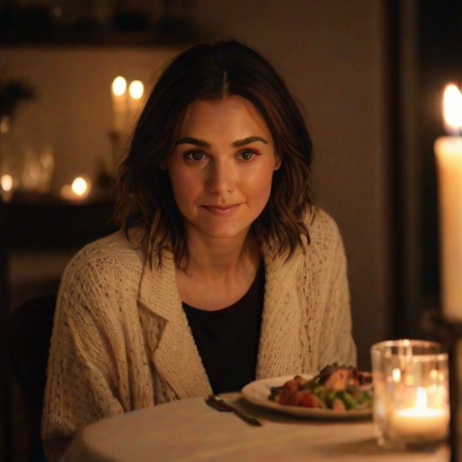 Close-up of a woman’s face illuminated by candlelight during a cozy dinner, with a beautifully set table in the background, soft shadows playing across her features.