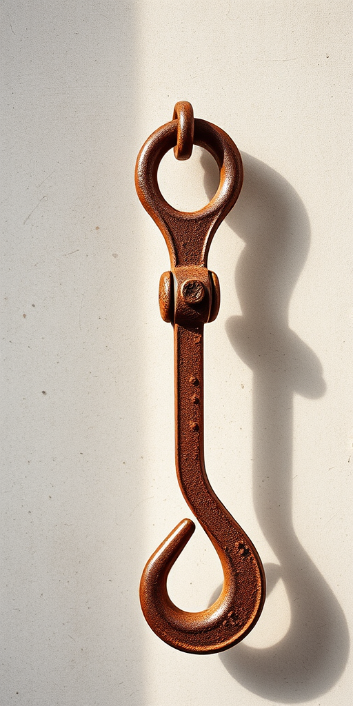 Create a high-resolution image of a vintage rusty crane hook on a neutral background, captured with a DSLR camera at f/2.8 aperture, ISO 100, and a 50mm lens, using natural light for enhanced detail and texture.
