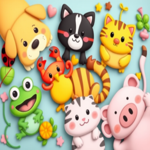Generate a colorful cartoon-style illustration of various cute animals including a dog, ladybug, crab, cat, frog, hen, tiger, and pig arranged in a playful layout using a DSLR camera with a 50mm lens at f/2.8 for a shallow depth of field and vibrant colors, shooting from a top-down view to enhance depth and clarity.