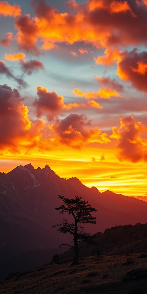 Generate a high-resolution landscape image of a mountain range at sunset with dramatic clouds and vibrant colors, featuring a solitary tree in the foreground, shot with a Canon EOS R5, ISO 100, aperture f/11, focal length 24mm, using a wide-angle lens for enhanced depth and detail.