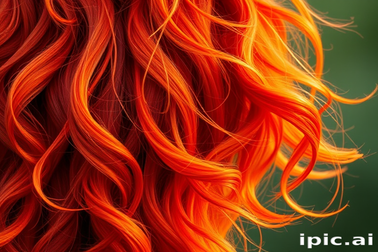 Vibrant Sunset Mane features cascading waves of fiery orange and deep crimson hair, flowing like molten lava down to the waist, with subtle golden highlights catching the light