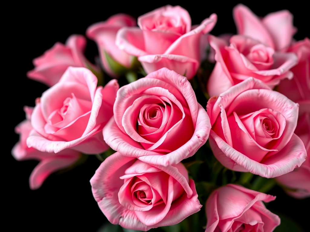 Capture a stunning bouquet of pink roses with soft focus, macro lens at f/2.8, ISO 100, 50mm lens, natural light, high-resolution photograph on a black background.