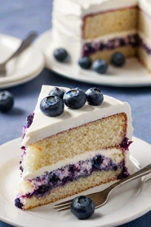 Create an image of a slice of layered blueberry cake with a creamy frosting on top. The cake should have vibrant purple layers filled with blueberries and a smooth white filling. Include a few fresh blueberries on top of the frosting and place the slice on a white plate with a fork beside it. The background should be simple and light to emphasize the cake.