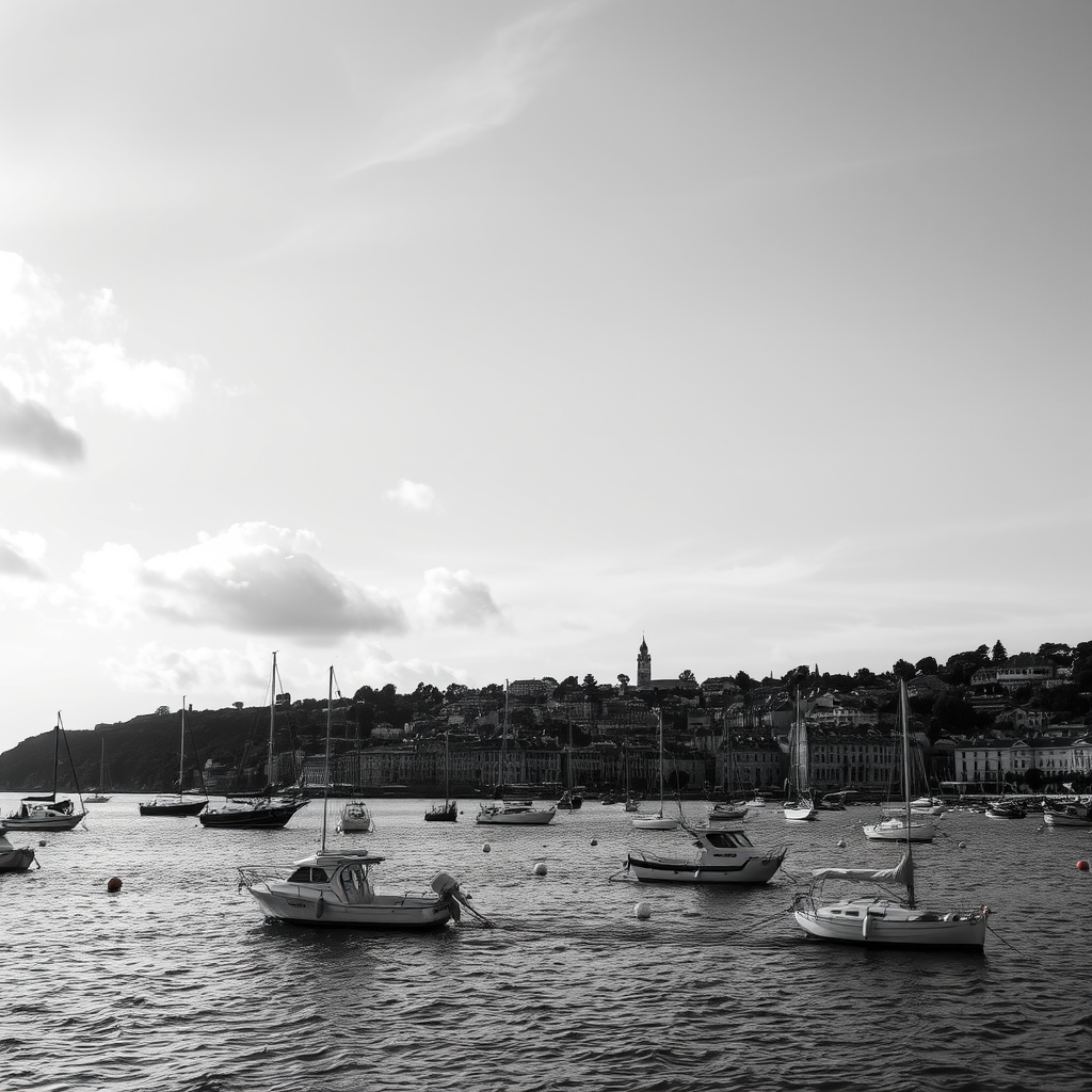 regenerate the image of a coastal town with boats in the water under a cloudy sky, taken with a DSLR camera, 50mm lens, aperture f/8, ISO 200, shot from a mid-range perspective to enhance detail and contrast in black and white.