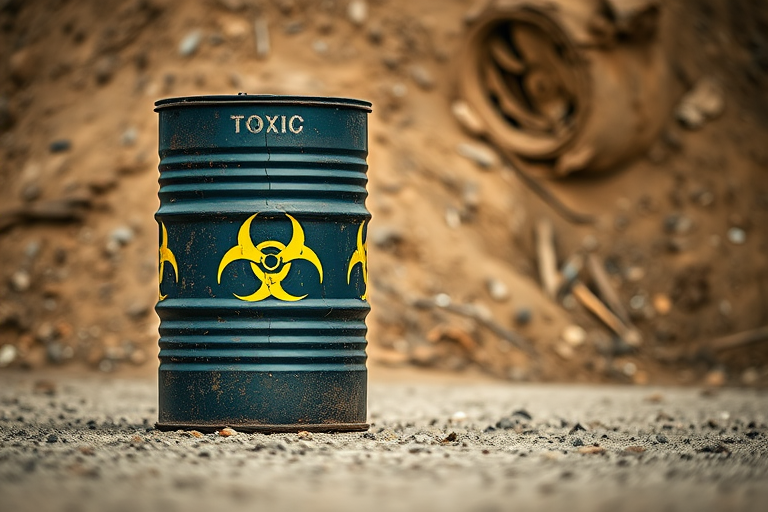 capture an abandoned toxic waste barrel on a gritty dirt background with bright yellow biohazard symbol, shallow depth of field, f/2.8, 50mm lens, ISO 100, natural lighting, 4K resolution, DSLR camera