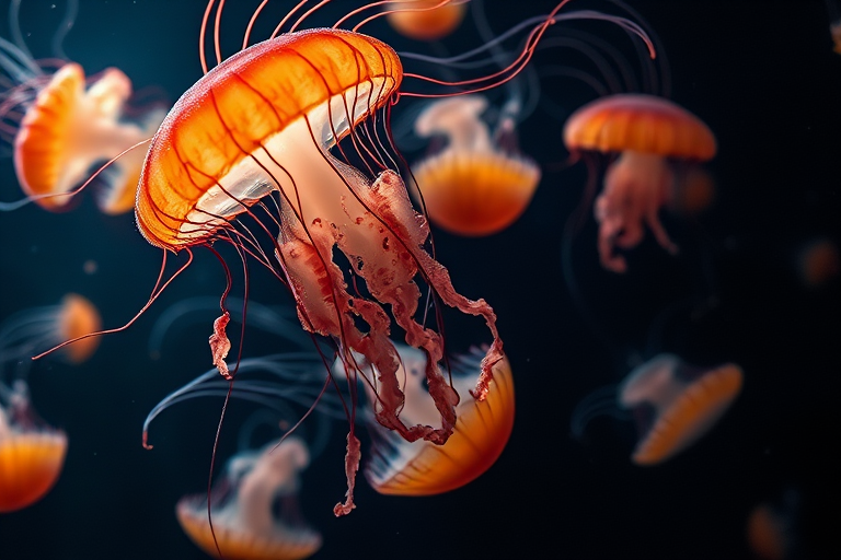 capture a fluid underwater scene of jellyfish gracefully swimming in dark water, using a Canon EOS R5 with a 50mm f/1.8 lens at ISO 800, aperture f/2.8, shutter speed 1/200 sec, in a macro photography style with a focus on vibrant colors and sharp details