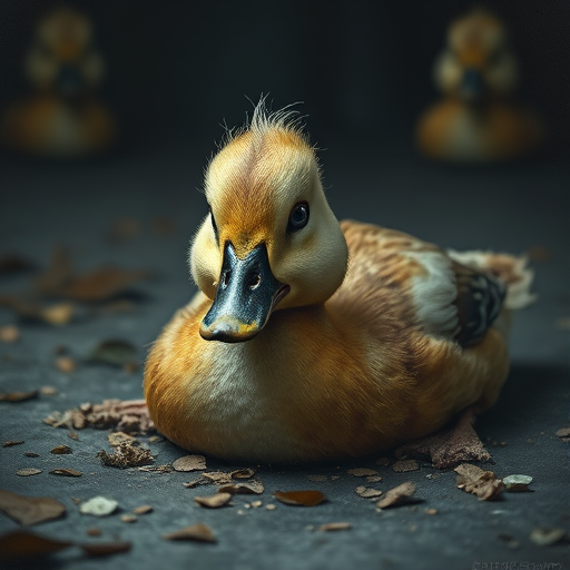 Stunning image of a cute adorable tired looking wacky duck laying flat on the ground, no emotions, moody, grainy, noisy, concept art, by Alberto Seveso, Cyril Rolando, Dan Mumford, Meaningful Visual Art, Detailed Painting, Digital Illustration,