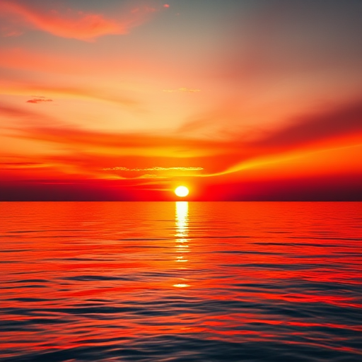 Generate a vibrant sunset over calm waters with rich oranges and reds, capturing the reflection of the sun on the water's surface, using a DSLR camera with a 50mm lens, aperture f/1.8, ISO 100, at sunset, in HDR style.