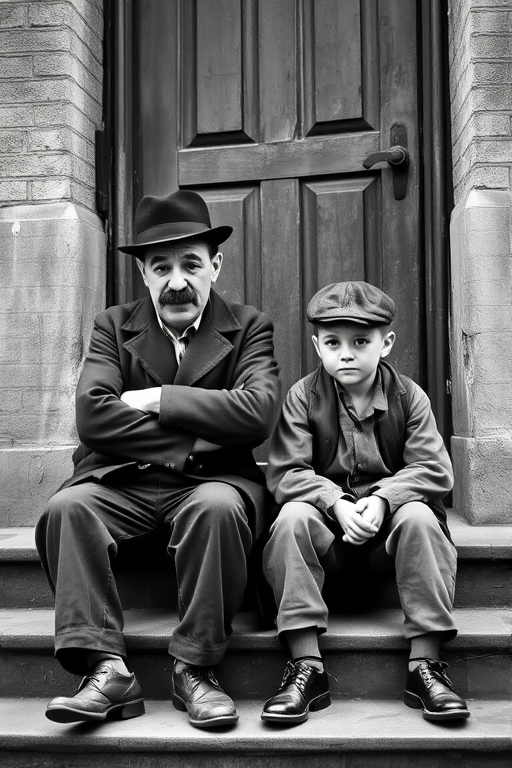 A black-and-white photograph of a man and a child sitting on steps in front of a doorway. The man is dressed as a tramp with a bowler hat, mustache, and ragged clothes, reminiscent of Charlie Chaplin's iconic look. He is sitting with his arms crossed and an expression of slight sadness or frustration. Next to him is a young boy, also in worn clothes and a cap, sitting with his hands clasped, looking thoughtful. The background is an old, textured wall and a partially open door, creating a vintage, early 20th-century atmosphere.