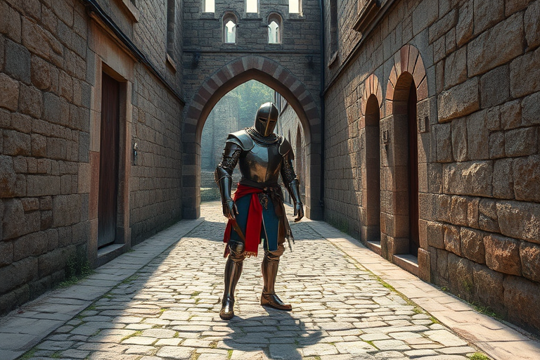 regenerate an image of a medieval knight in armor standing in a cobblestone alleyway with an archway leading to a castle, vibrant colors, sharp details, shot with a DSLR camera at f/8 aperture, ISO 100, 50mm focal length, natural lighting, and a high dynamic range for enhanced image quality