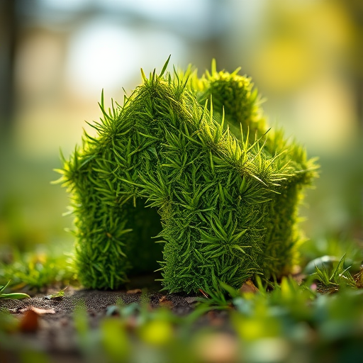 Regenerate the image of a grassy house shape with vibrant green color using a Canon EOS R5, 24mm lens, f/8 aperture, ISO 100, 1/200 sec shutter speed, taken from a low angle with a soft focus background for enhanced depth of field.