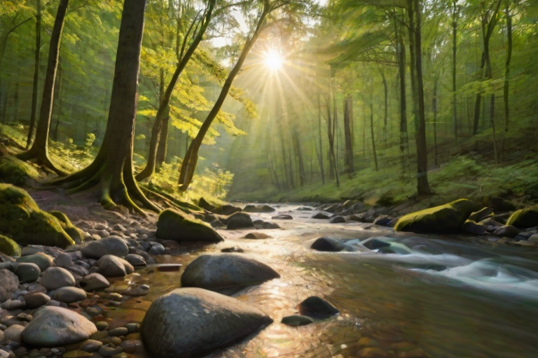 Create an image of a serene, sunlit forest scene with a clear, gently flowing river. Tall trees with lush green foliage line both sides of the river, their leaves bathed in the warm golden light of the setting or rising sun. The sunlight filters through the trees, casting soft, dappled light on the river, which flows over smooth rocks and pebbles, creating a peaceful, natural atmosphere. The sky is bright with a few scattered clouds, and the overall mood is tranquil, evoking a deep sense of connection with nature. The image captures the beauty of a calm, pristine forest landscape at either dawn or dusk.