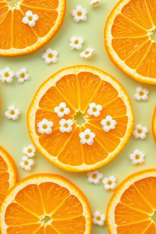 high-resolution pattern of sliced oranges with white flowers on a light green background, vibrant colors, macro lens, shallow depth of field, DSLR camera, f/2.8 aperture, ISO 100, natural light