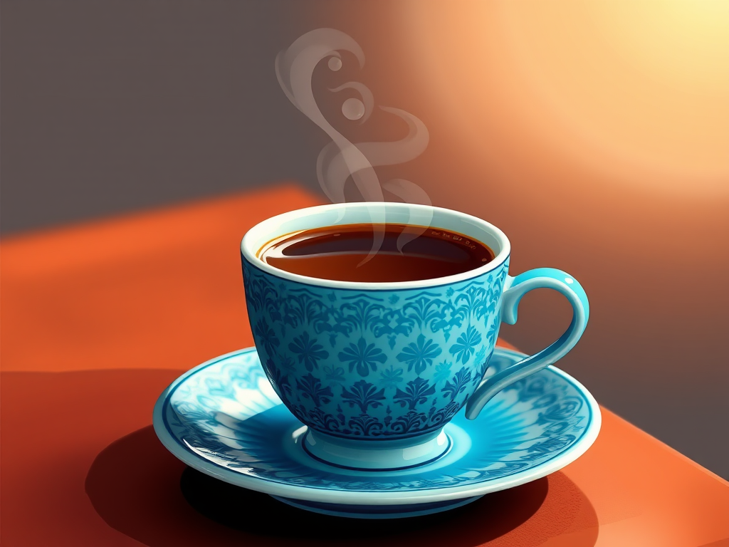 Create a detailed illustration of a steaming cup of coffee in a blue patterned ceramic mug on a matching saucer with a soft focus background, using a Canon EOS R5, f/2.8 aperture, 50mm lens, natural lighting, and a shallow depth of field to enhance image quality.