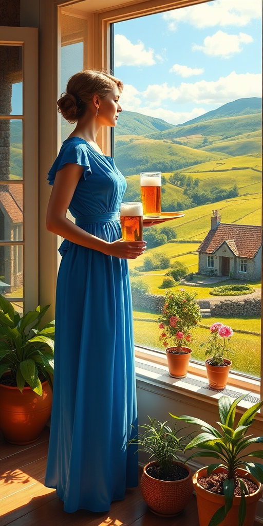 In "A Glass of Beer on the Highland," a serene scene is depicted in a sunlit room where a woman in a vibrant blue dress stands by a large window. She holds a tray with a hearty meal and a frothy glass of beer, embodying a moment of relaxation. Outside, the breathtaking highland landscape features rolling green hills and a charming traditional house, all bathed in warm afternoon light. The interior is adorned with potted plants, creating a harmonious blend of comfort and nature. The painting beautifully captures the tranquility and joy found in simple pleasures amidst stunning scenery