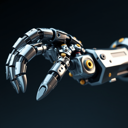 highly detailed 3D rendering of a robotic arm with metallic textures, showcasing intricate mechanical components and gold accents, focused lighting to enhance reflections, camera settings: f/8 aperture, ISO 100, shutter speed 1/125s, camera view from a slight top angle, using a DSLR camera style with a telephoto lens.