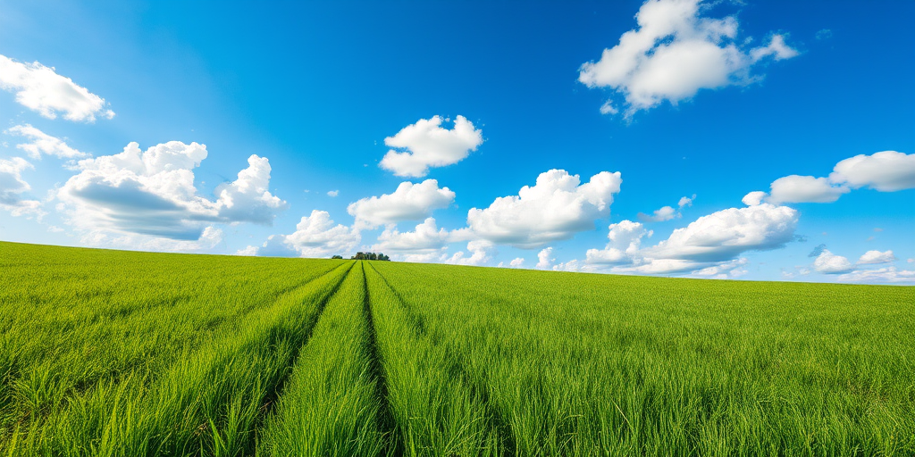 Create a high-resolution image of a serene landscape featuring a lush green meadow under a clear blue sky with fluffy white clouds, captured with a DSLR camera, 50mm lens, f/2.8 aperture, ISO 100, sunlight illuminating the scene, wide-angle view for depth and vibrancy.