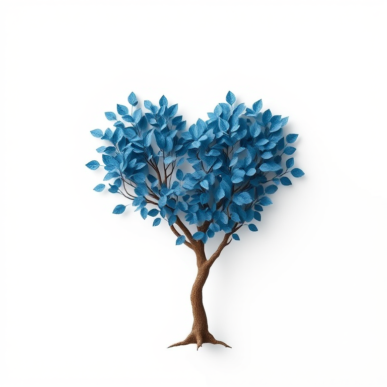 Create a digital illustration of a heart-shaped tree with blue leaves against a white background, using a Canon EOS 5D Mark IV, 50mm lens, aperture f/8, ISO 100, with a clean, minimalistic style and high-resolution quality.