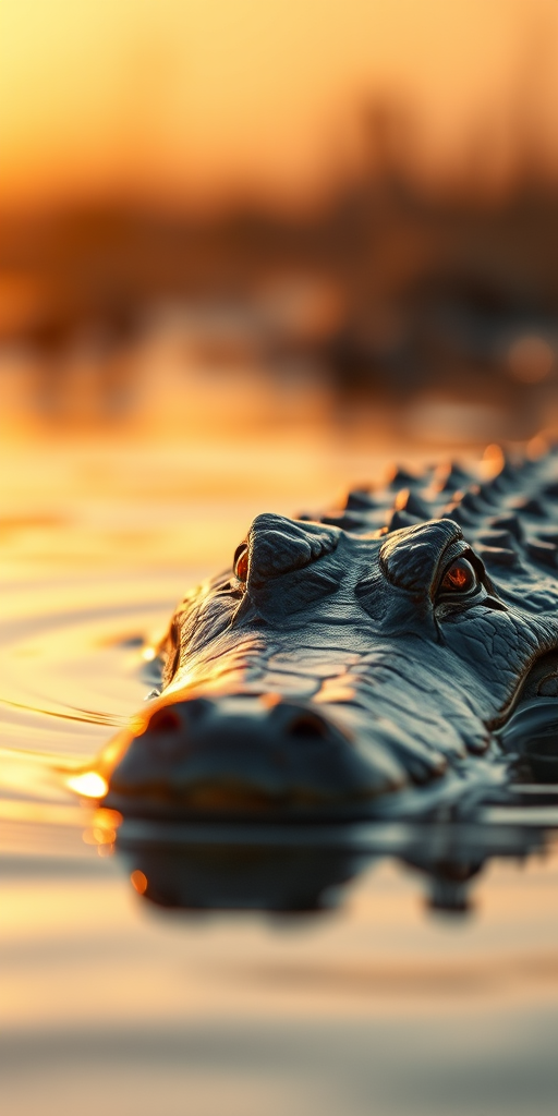 Capture a close-up shot of a crocodile partially submerged in calm water during golden hour, using a DSLR camera with a 200mm lens, aperture set to f/4, ISO 100, and shutter speed at 1/500s for optimal clarity and detail.