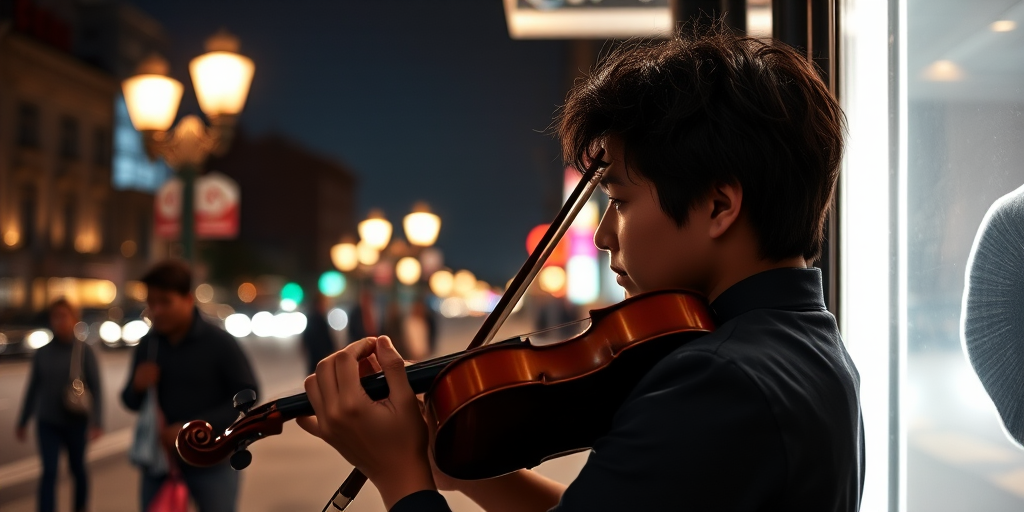 Sharp, high-contrast photo of a violinist performing on a street corner, intense focus on their face, soft glow from streetlights illuminating the scene, distant pedestrians walking by, and the sound of music filling the night air.