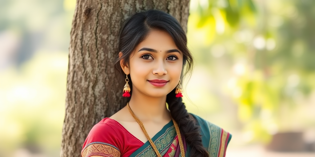Portrait of a young woman in traditional attire leaning against a tree in soft natural light, aperture f/2.8, ISO 200, shutter speed 1/250, 85mm lens, shallow depth of field, taken with a DSLR camera.