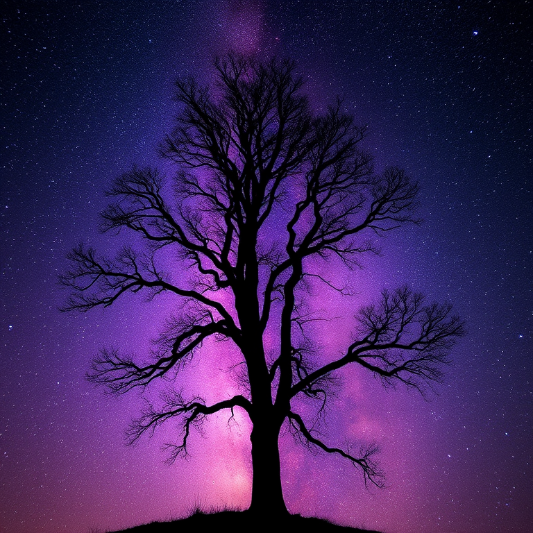 Generate an image of a silhouetted tree against a vibrant cosmic background with deep purples, blues, and pinks, using a DSLR camera, f/2.8 aperture, ISO 100, 50mm lens, and a long exposure of 15 seconds for enhanced clarity and depth.