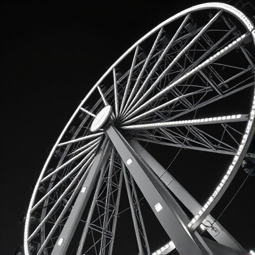Capture a close-up of a ferris wheel in high contrast black and white, f/8 aperture, 1/200s shutter speed, ISO 100, shot from a low angle with a DSLR camera using a wide-angle lens for dynamic perspective.