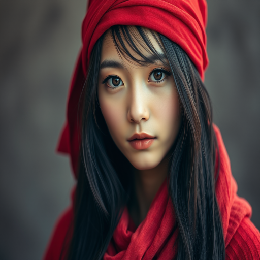 Create a portrait of a young Korean woman with long, dark hair and captivating hazel eyes. She is wearing a red headscarf and a matching scarf draped gracefully around her neck. The background is softly blurred, focusing attention on her serene and natural expression. The overall color palette is muted and warm, enhancing the intimate and authentic feel of the portrait.