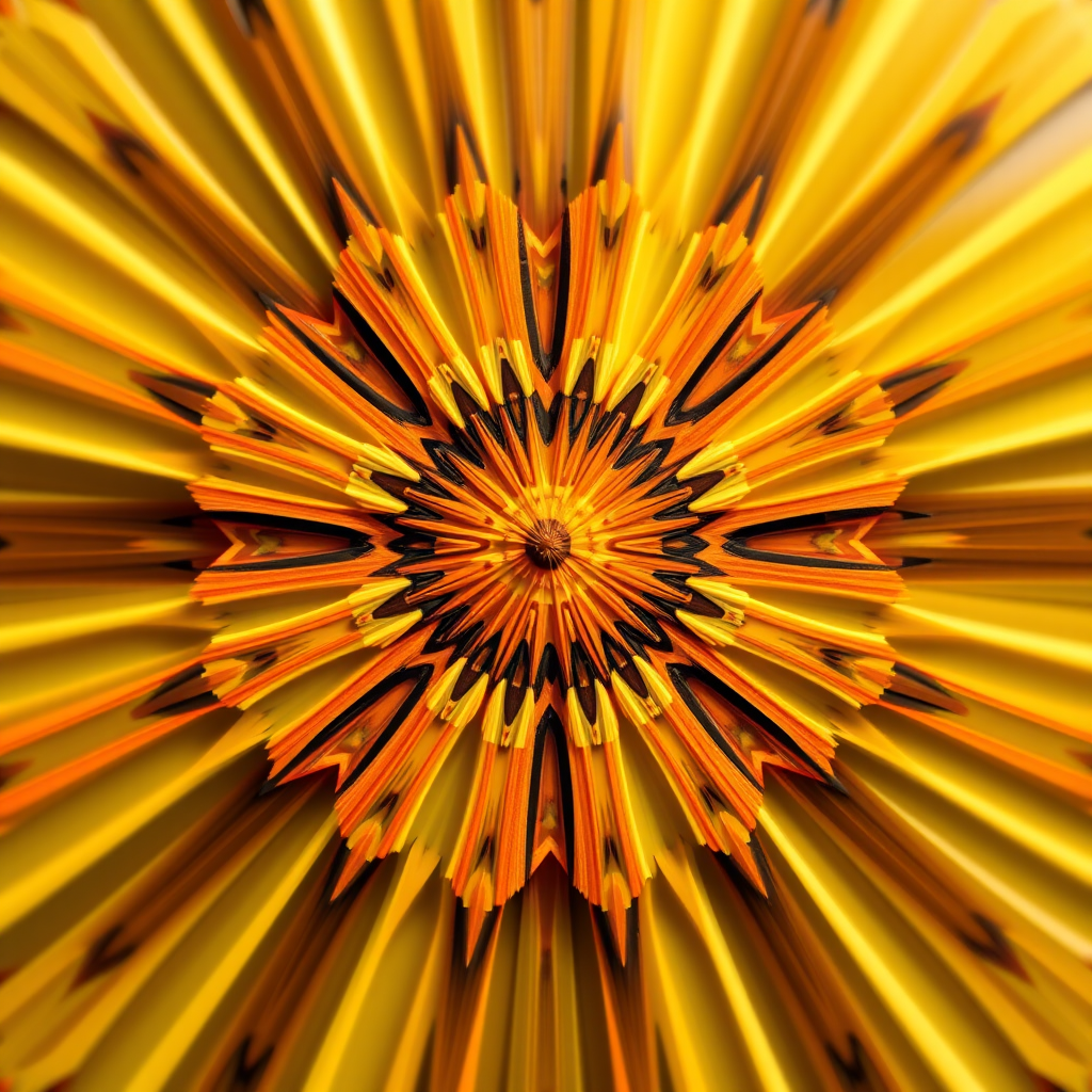 Create a vibrant starburst design with multiple layers of yellow, orange, and brown, using a DSLR camera with a 50mm lens, f/1.8 aperture, ISO 100, and a shallow depth of field to enhance colors and details.