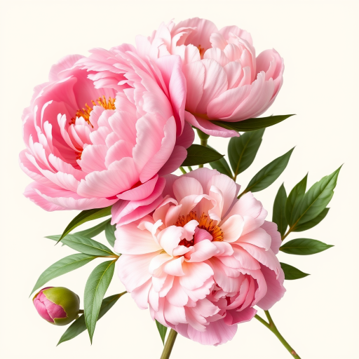 Create a botanical illustration of pink peonies with detailed petals and leaves on a soft cream background, captured in high resolution using a Canon EOS 5D Mark IV at f/4, 1/200 sec, ISO 100, shot in natural light from a slightly elevated angle for depth.